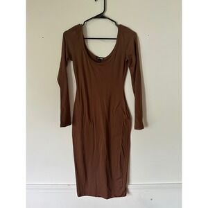 Fashion Nova‎ Midi Dress Womens Small Bodycon Cocoa Brown Long Sleeve Scoop Neck